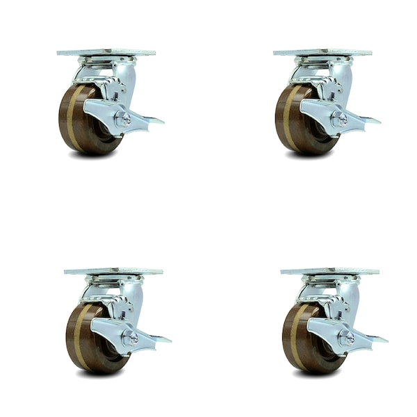4 Inch High Temp Phenolic Caster Set with Roller Bearings and Brake/Swivel Lock